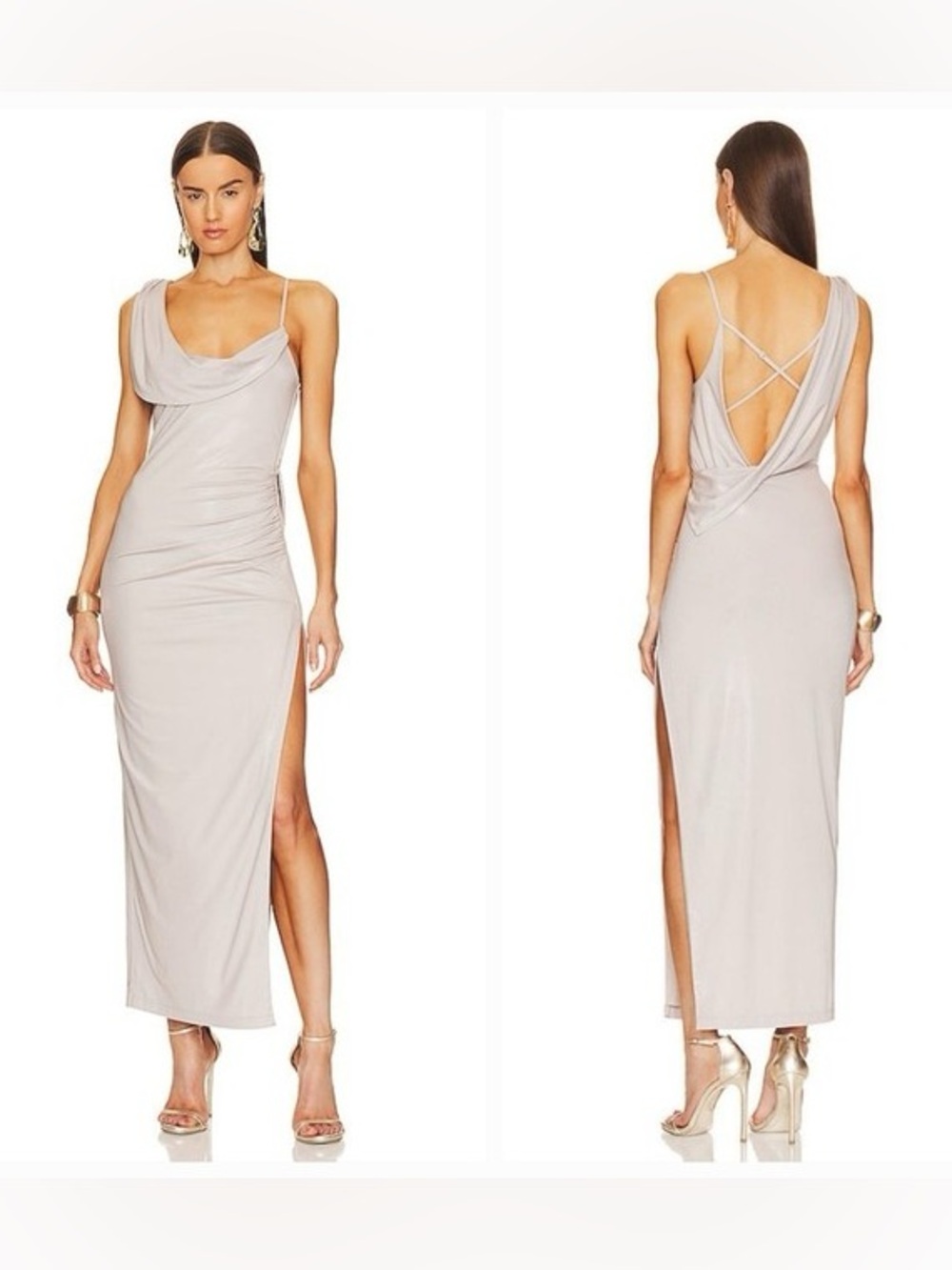 NBD Kait Taupe One Shoulder Midi Dress Open Back Slit Size S